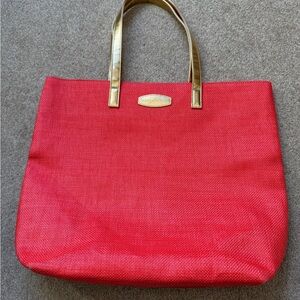 Tommy Bahama Large Woven Beach Tote Bag Red Gold Handles Resort Travel Bag